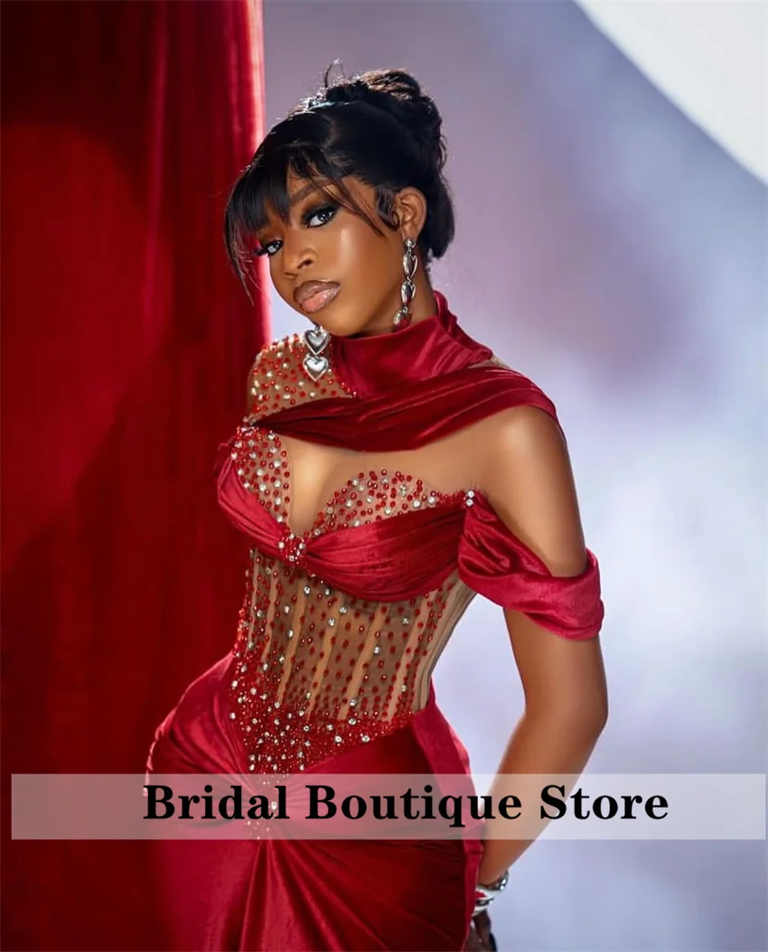 Shining Red Mermaid Evening Dress 2024 Off Shoulder Sexy Corset Glitter Beading Diamonds Prom Wedding Party Gowns Aso Ebi