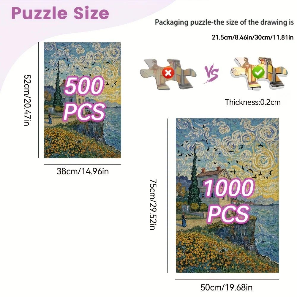 Puzzle da notte stellata di Van Gogh da 1000 pezzi - Grande cartone spesso 19,7x29,5 pollici con bordi senza cuciture, riproduzione iconica di Van Gogh