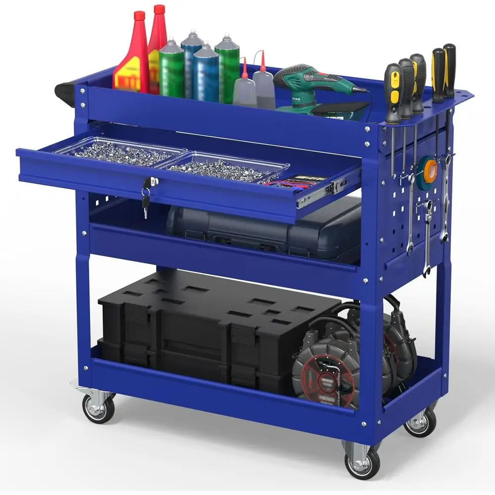 

3 Tier Rolling Tool Cart, 550LBS Heavy Duty Storage Cart with Drawers, Pegboard and Hooks for Garage, Warehouse and Repair Shop