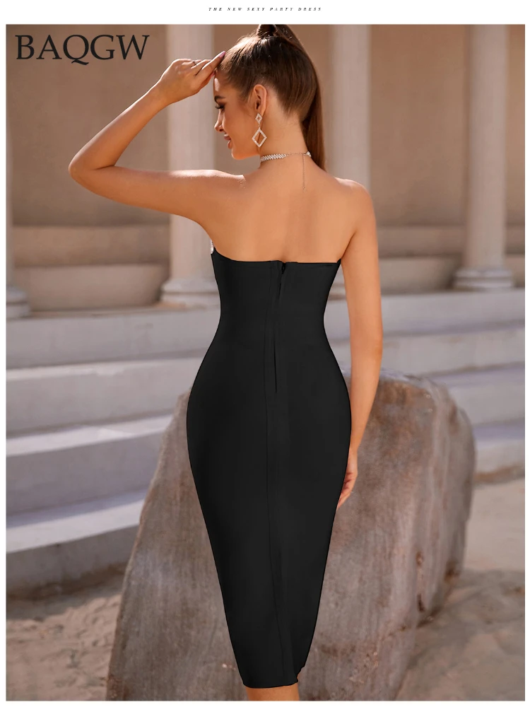 Summer Off Shoulder Bodycon Bandage Dress for Women Sexy Sleeveless Diamonds Midi Evening Runway Party Female Dresses