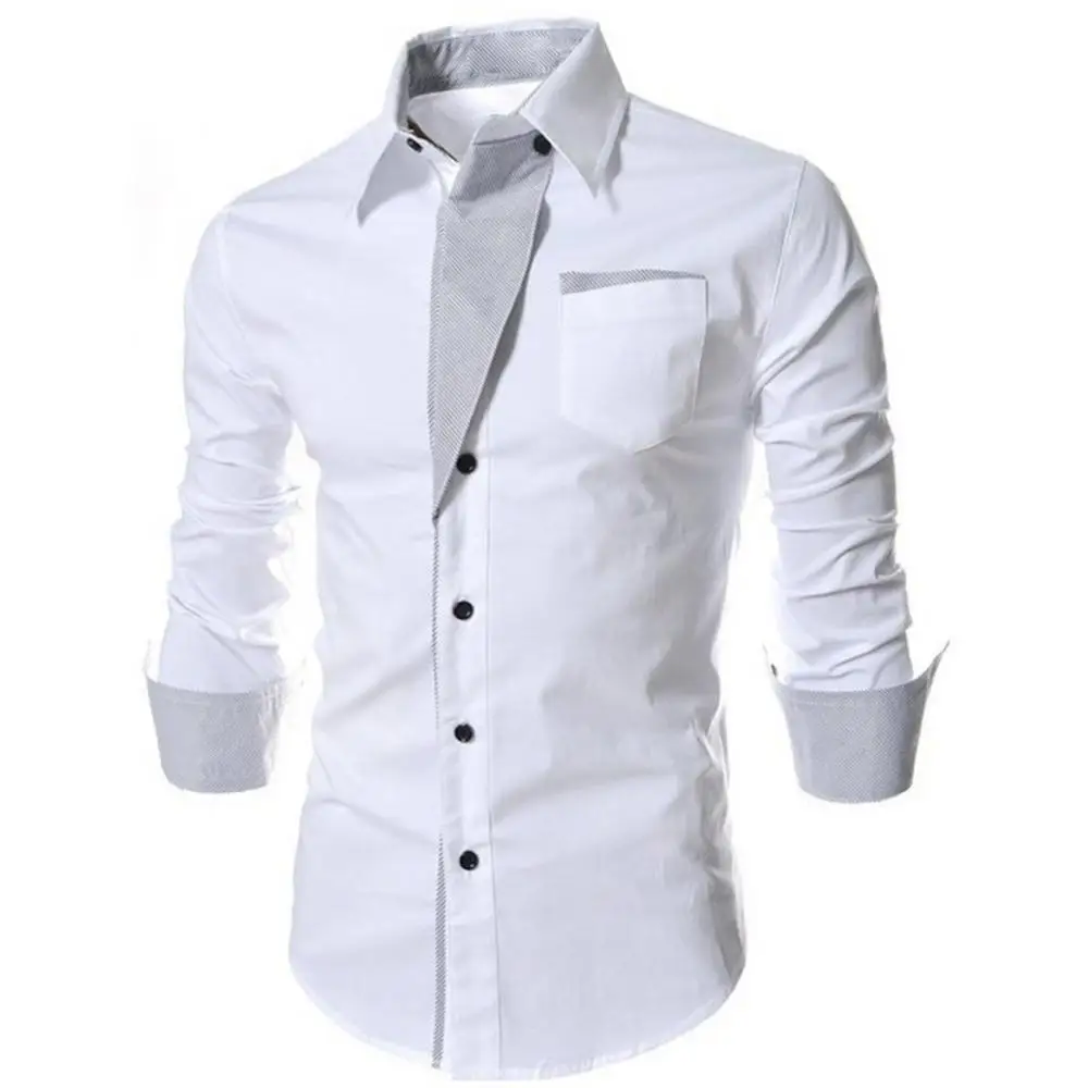 Fashion Slim Fit Men Top Shirt Long Sleeve Stand Collar Color Block Button up Top