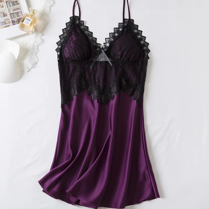 

Sexy Female Nightgown Sleepwear Patchwork Perspective Lace Nightdress Intimate Lingerie Summer New Silky Satin Nighty Homewear