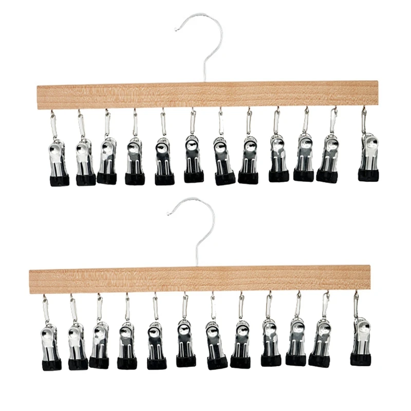 Wood Hanger For Pants, Hangers Hold With 12 Nonslip Clips, Set Of 2 Legging Organizer For Closet