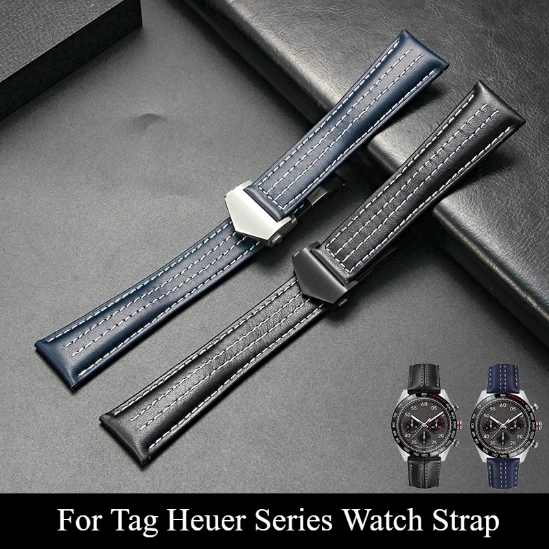 حزام ساعة من جلد البقر الأصلي عالي الجودة لسلسلة تاغ هوير ناعم ومريح مقاوم للماء مقاس 22 ملم باللون الأسود والأزرق