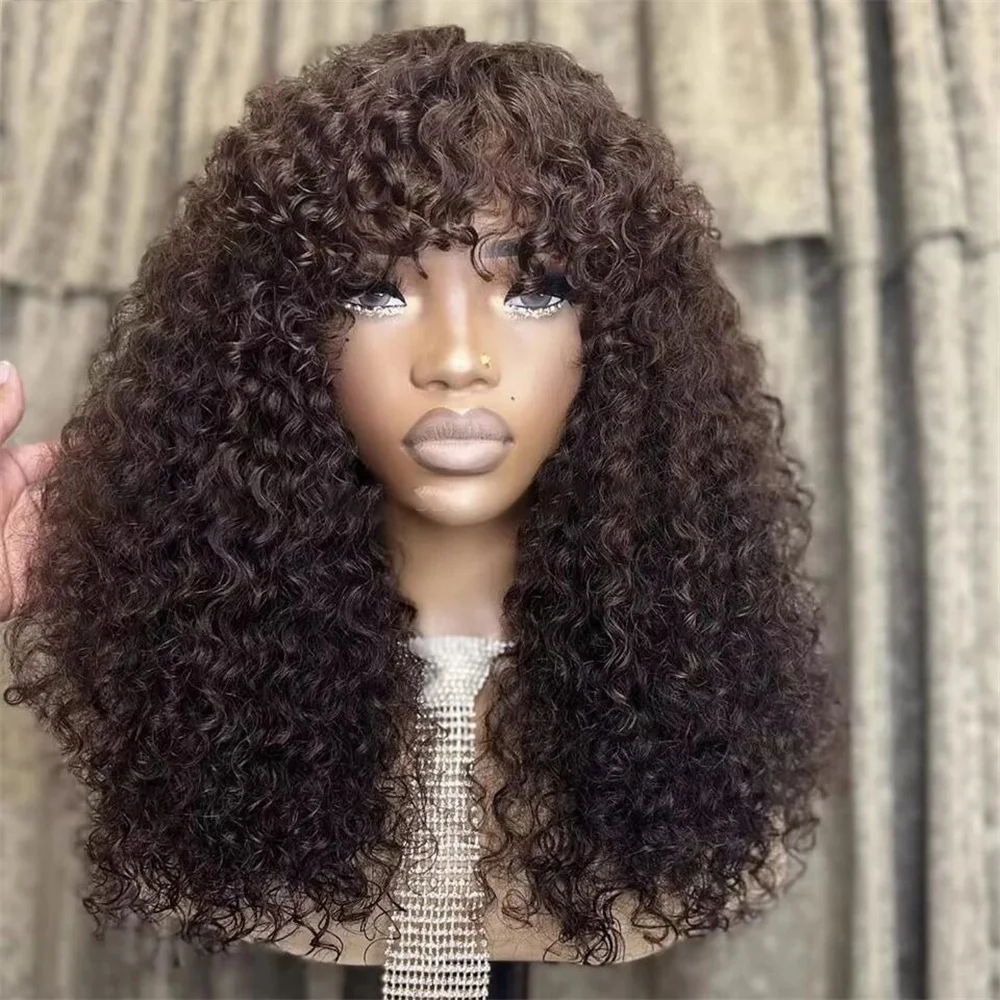 Parrucca nera riccia crespa lunga morbida senza colla 180 densità 26 "con frangia per donne nere BabyHair prepizzicata