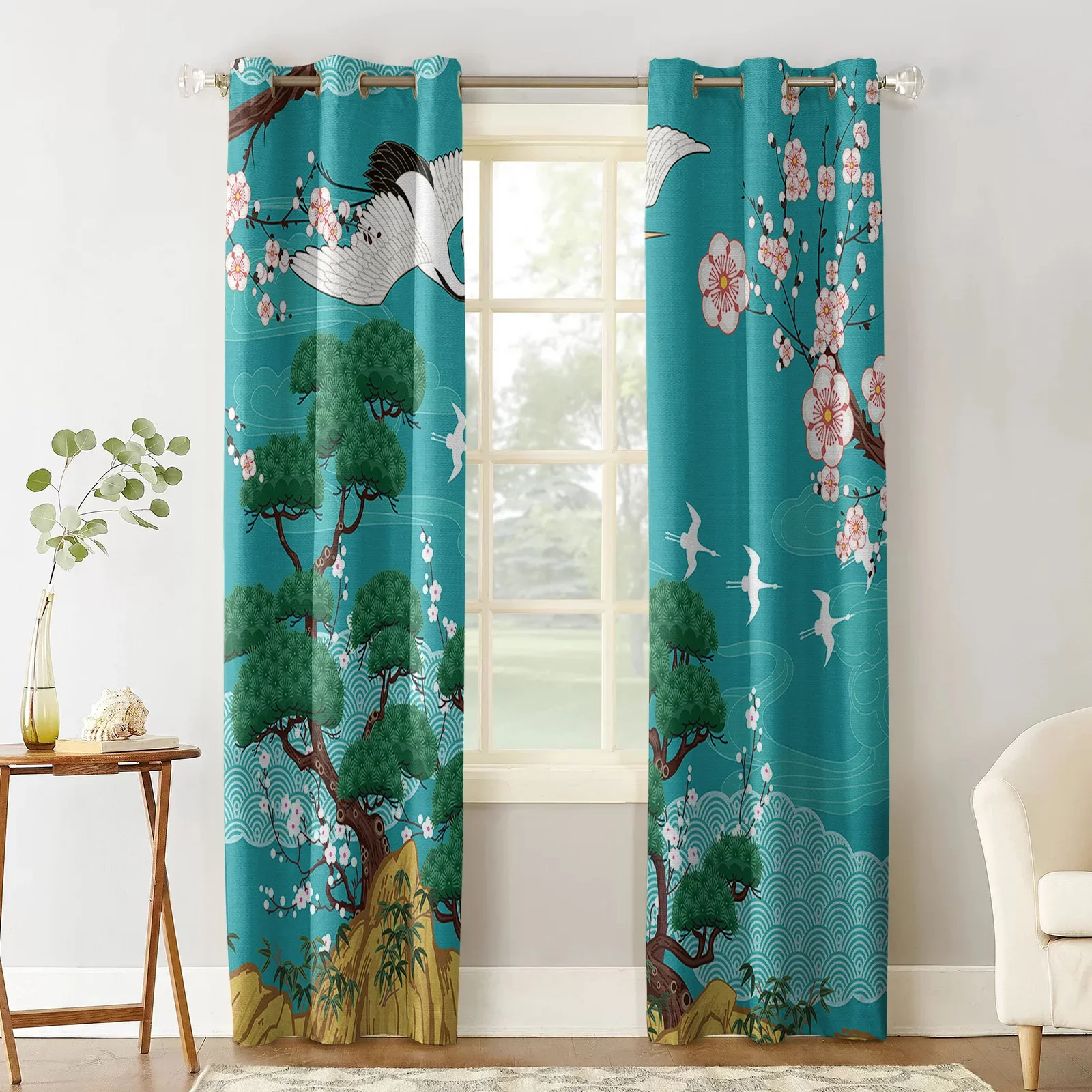 Japanese Style Crane Cherry Blossom Vintage Curtains for Living Room Kids Bedroom Window Curtain Hall Drape Long Cortinas