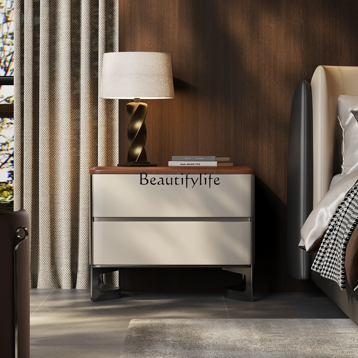 

yj39 Italian Minimalist Walnut Two-Drawer Cabinet Home Storage Light Luxury Solid Wood Bedside Table