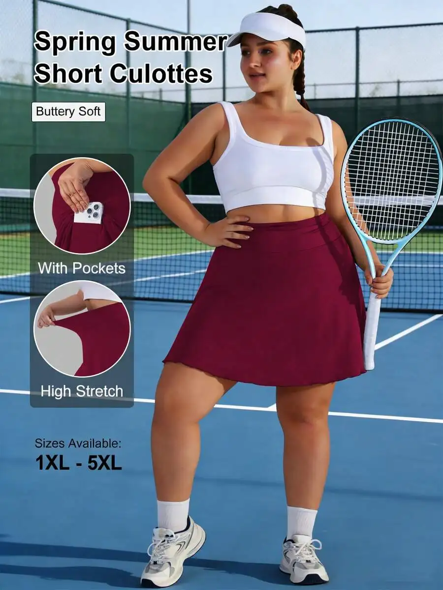 

Buttery Soft Plus Size Tennis Skort With Side Pockets, High Stretch Athletic Skirt For Spring Summer Sports