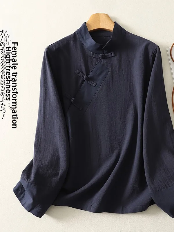 

Весна 2026 л, хлопково-льняной топ с воротником-стойкой на пуговицах, длинный све, женский модный повседневный топ большого размера