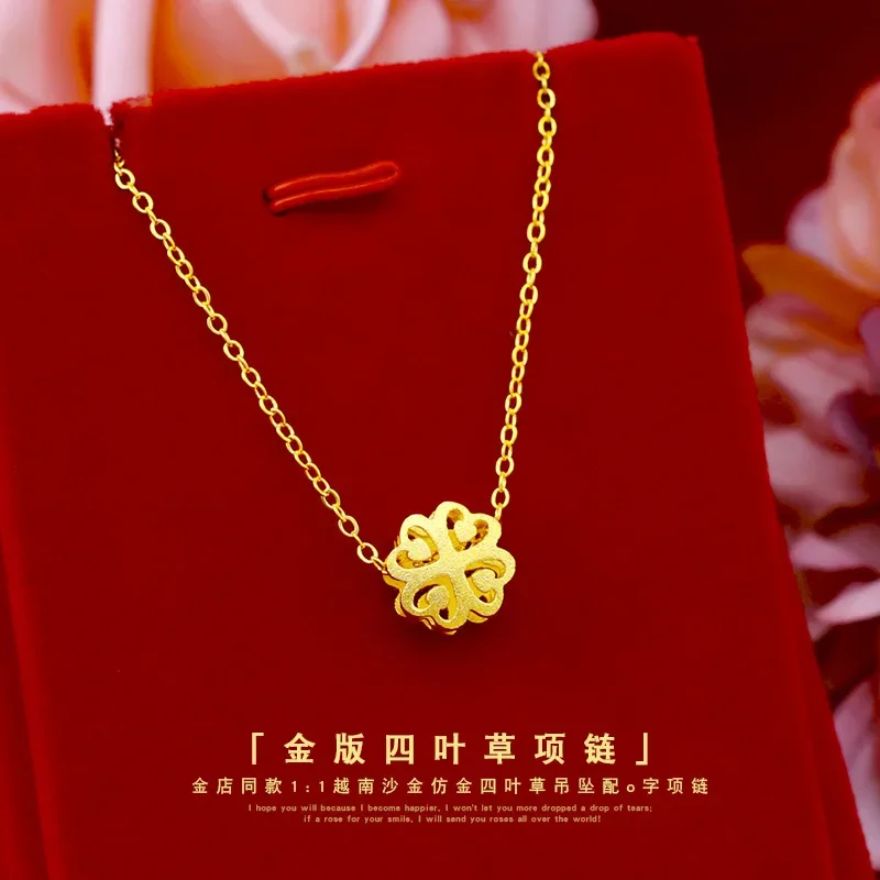 9999 Real Gold 24K Clover Necklace Japanese and Korean Gold Clover with O-shaped Clavicle Necklace