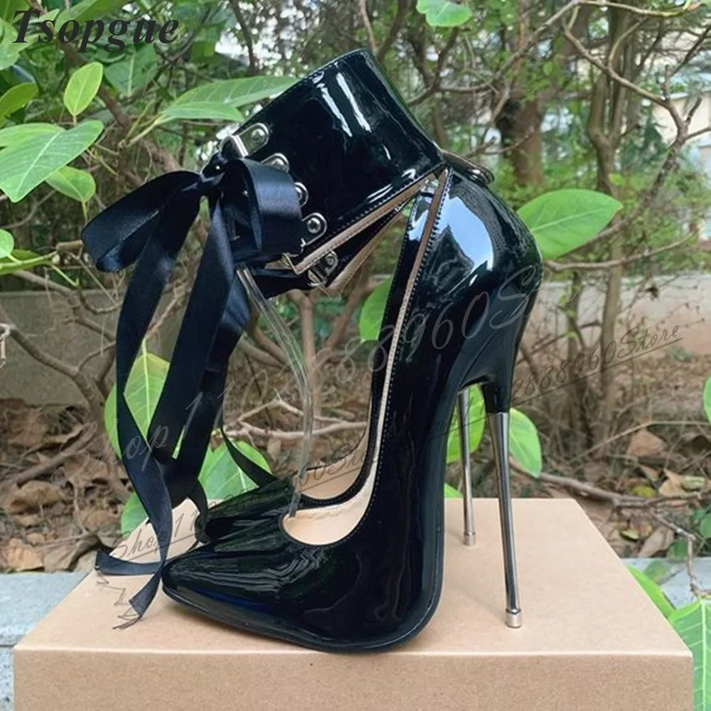 

Trendy Patent Leather Black Metal Heel Pumps Thin High Heel Women Shoes Cross Tied Pointed Toe 2024 Fashion Zapatos Para Mujere