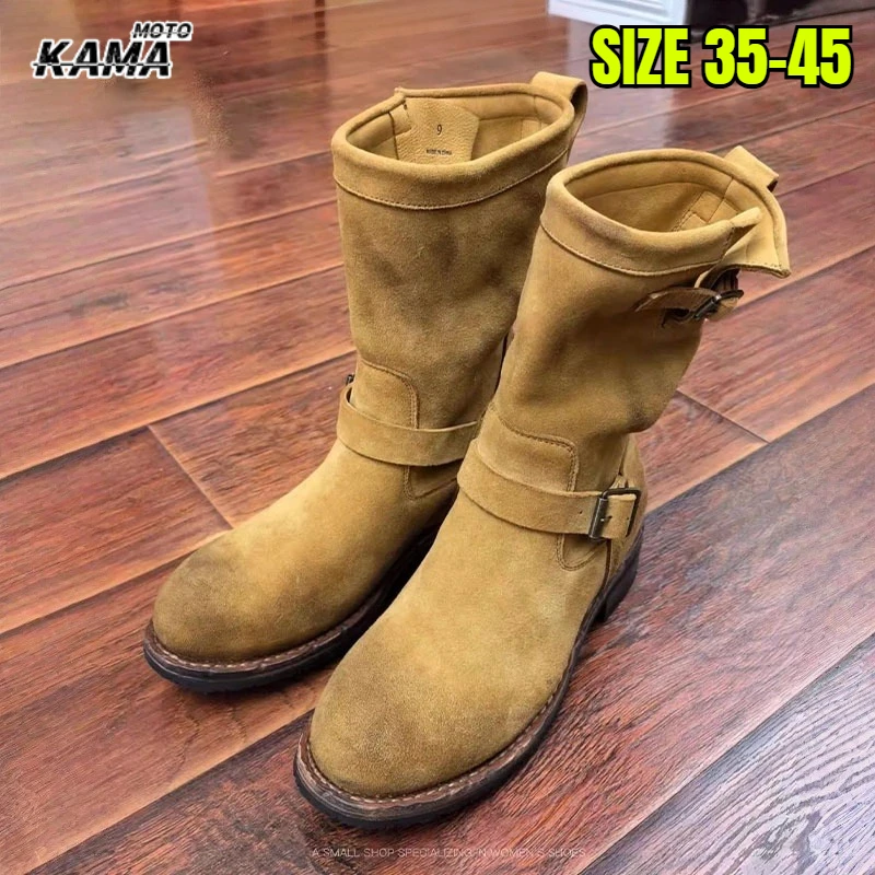 

Ретро-ботинки ручной работы из замши цвета хаки для мужчин и женщин, рабочие ботинки, обувь для инженеров, американские ретро-мотоциклетные ботинки, состаренные ботинки средней длины