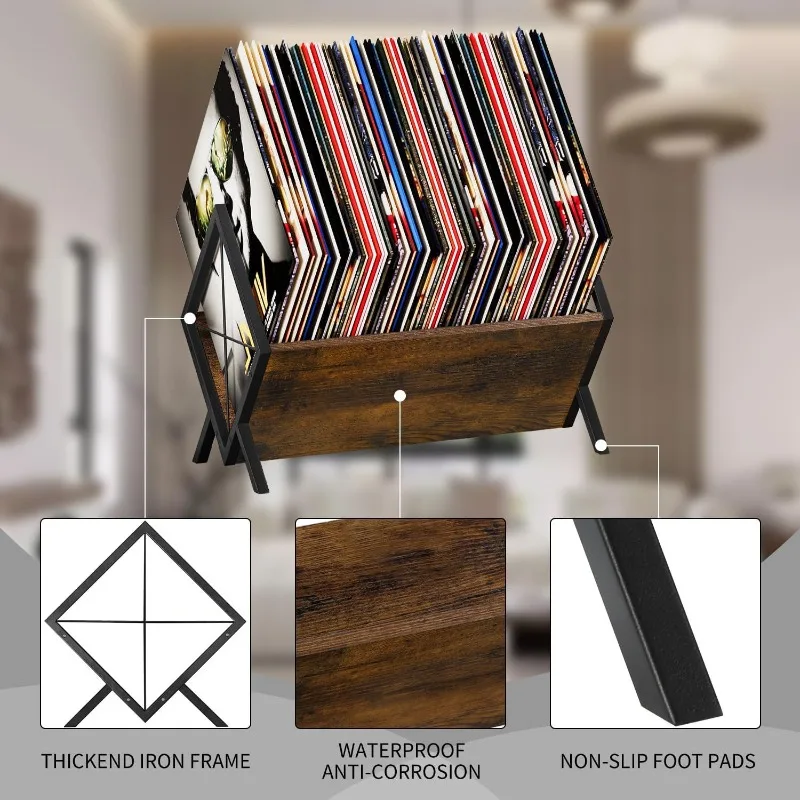 Wooden Magazine Rack Industrial Iron CD Holder Large Capacity LP Record Shelf Multifunctional CD/DVD Organizer Display Stand