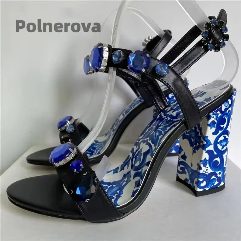 Gemstone Thick Heel Prints Sandals for Women Blue and White Porcelain Bohemian Rhinestone Crystal Open Toe Banquet Dress Shoes