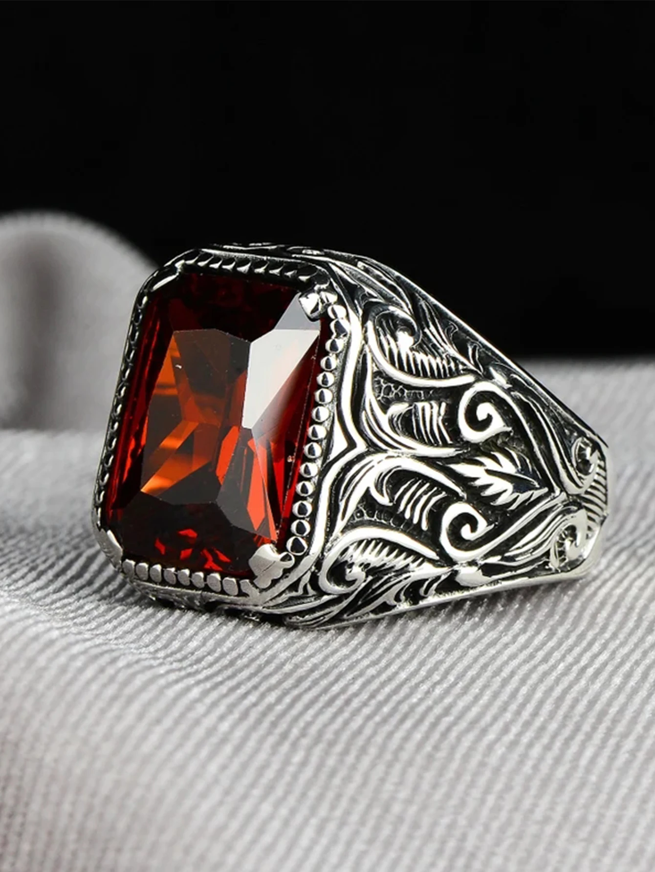 Vintage Handmade Turkish Signet Ring For Men Women Ancient Silver Color Carved Ring Red Yellow Zircon Inlay Punk Motor Biker