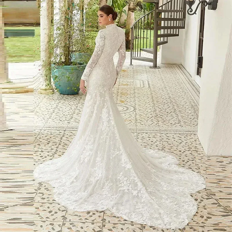 Customized 2024 Elegant Lace Mermaid Wedding Dress High Neck Long Sleeves Court Train Bridal Gown Vestidos De Novias