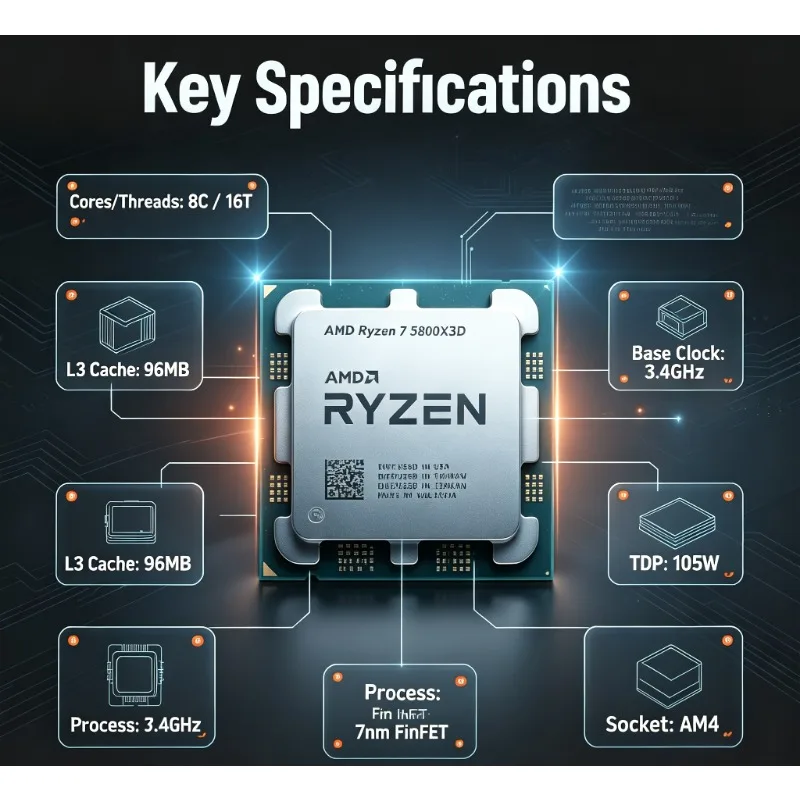 AMD Ryzen 7 5800X3D Gaming Processor AM4 Socket 7nm Chip 3.4GHz 8 Core 16 Thread 96MB Cache 105W DDR4 Desktop CPU