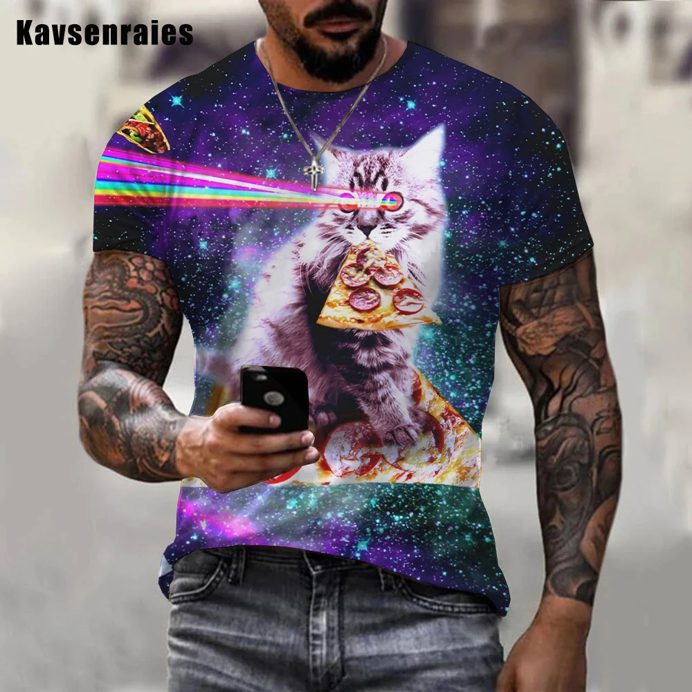 New Galaxy Space Colorful 3D T-shirt Lovely Animal Cat Eat Taco Pizza Printed T Shirt Men Women Hip Hop Fashion Casual Tops