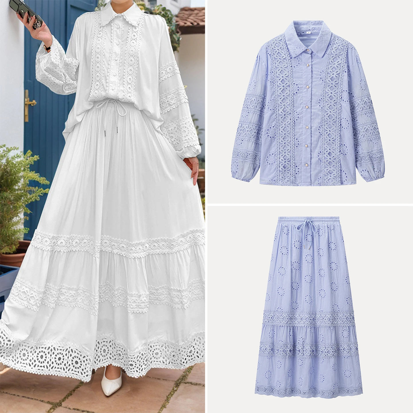 

2025 Autumn New Arrival Women's Lace Embellied irt Skirt Set Long Sve Loose Fit Faion Ensemble for Adults