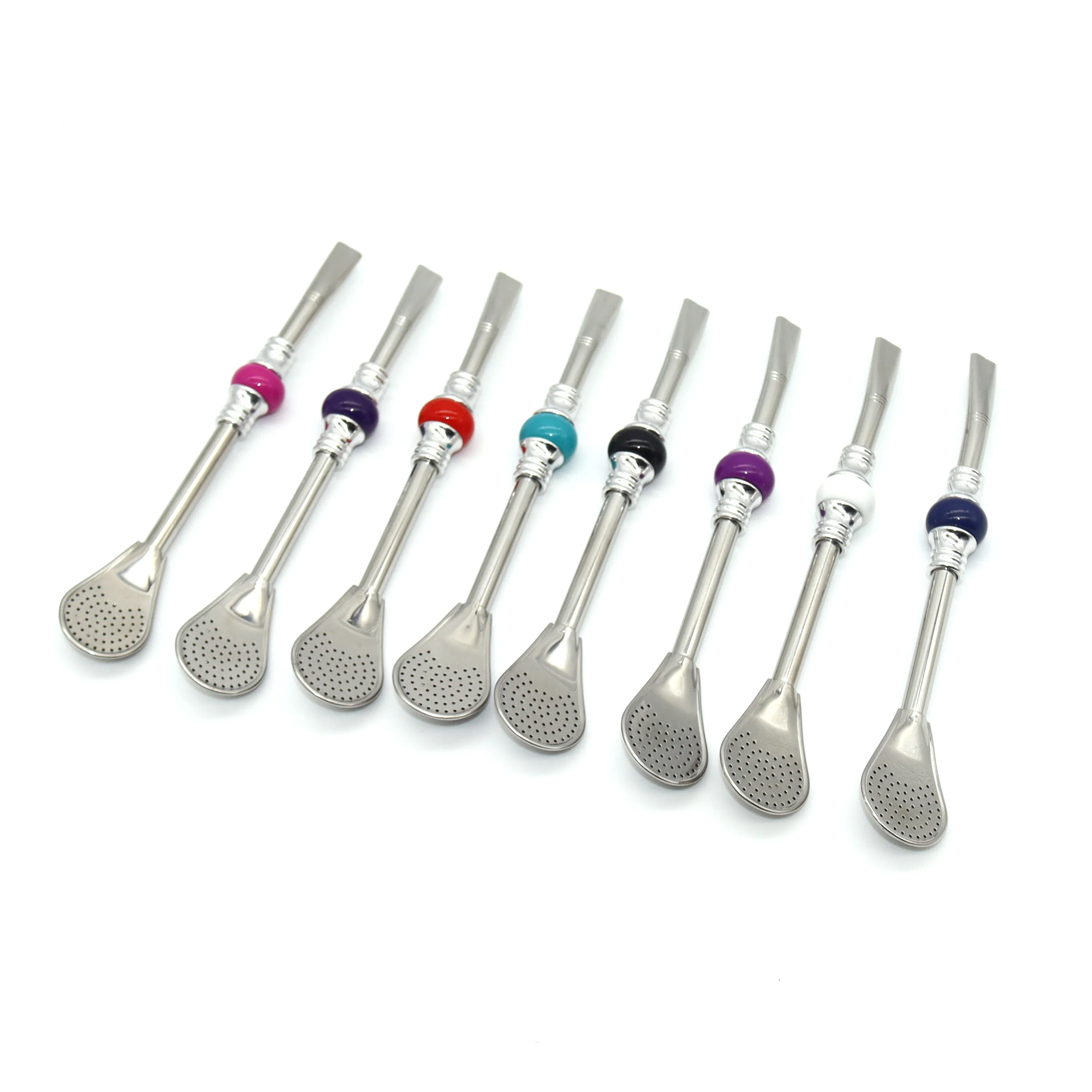 16cm Stainless Steel 304 Straw Spoon Colored Bead Tea Filter Yerba Mate Bombilla Reusable Coffee Spoons Milk Drinking