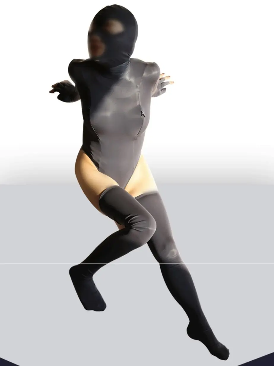 Elastic PU Long Sleeve High Cut Zipper Open Crotch Bodysuit Tights Sexy Half Coat Zentai Cosplay Costume Leotard Catsuit Shirts