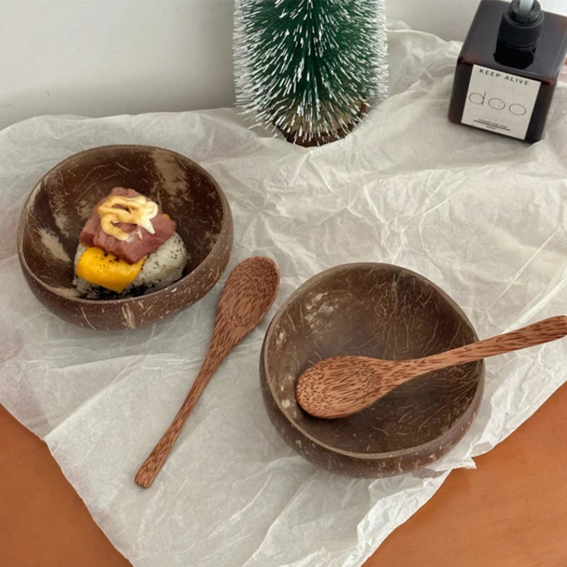 

Natural Coconut Bowl Wooden Handmade Coconut Bowls for Dessert Fruit Salad Mixing Rice for Eating Tableware Fork Spoon