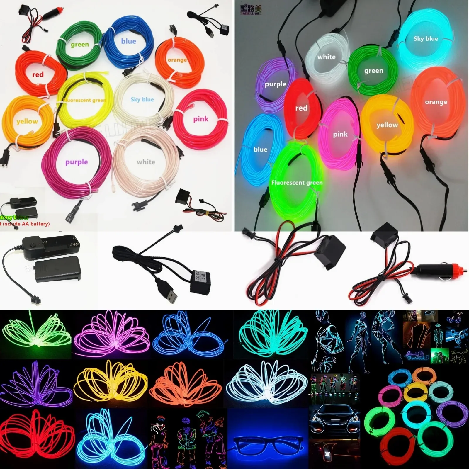 2m/3m/5m Flexible EL Wire 3V Battery Box/5V USB Driver/12V Driver/Car Cigaret Driver LED Neon Light Car Outline Decoration Light