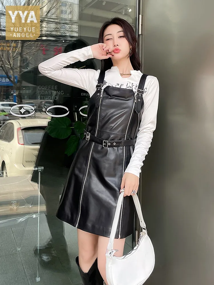 

Women Slim Fit Belted Double Zippers Straps Dress Female Casual High Street A Line Short Sheepskin Genuine Leather Slip Dress