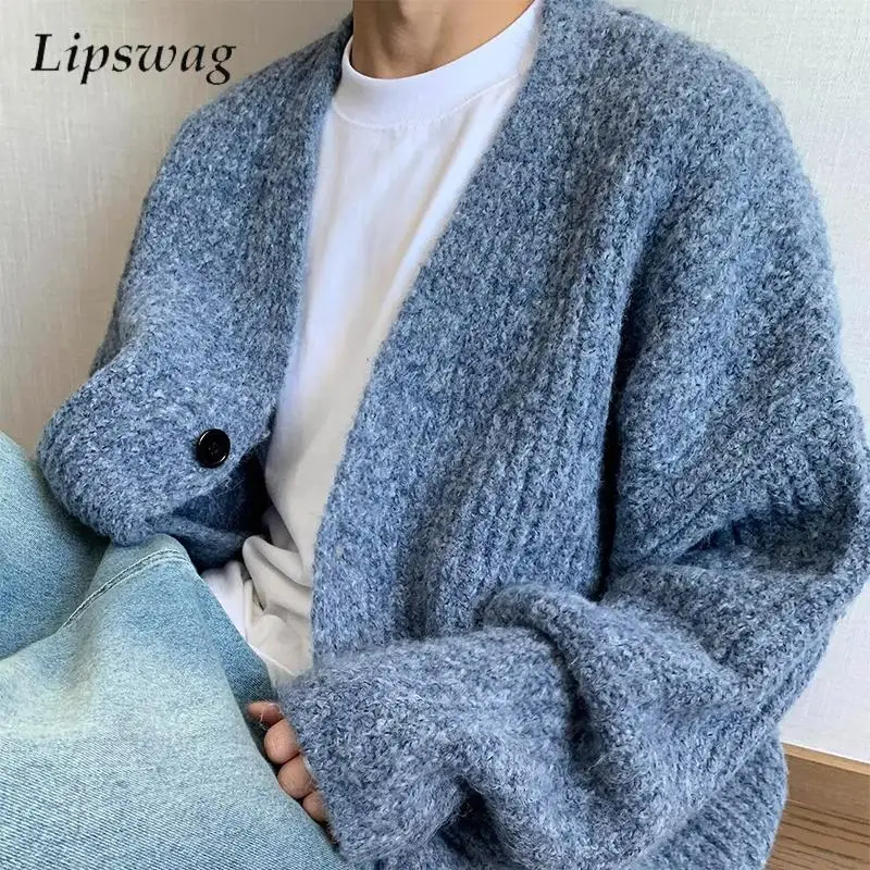 

Autumn Winter Casual Mens Knit Cardigan Tops Stylish Solid Color V Neck Sweater Jacket Men Clothes Vintage Buttoned Knitted Coat