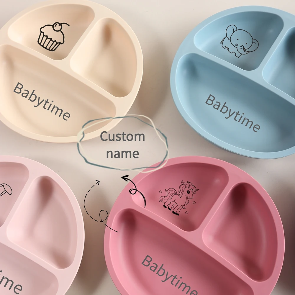 

Изготовленная на заказ детская тарелка с гравировкой, силиконовый поднос для кормления | Прочная присоска и 3 отделения для детей