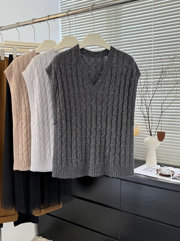 

Faionable V-Ne Knitted Wool Blend Vest Women's All-Match Autumn Winter Warm Soft Camere Mixed Faionable Old Money Sle