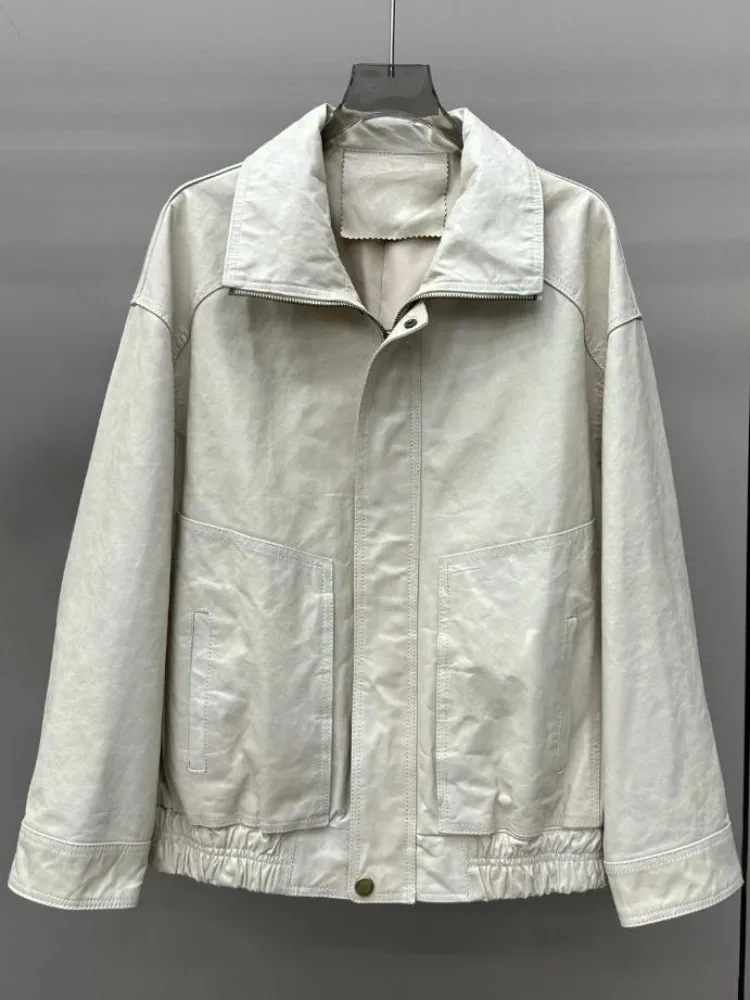 Amerikanischen Retro Stil Echtes Leder Revers Zipper Jacke Einfarbig Schaffell Lange Ärmel Lose Damen Taste Oberbekleidung