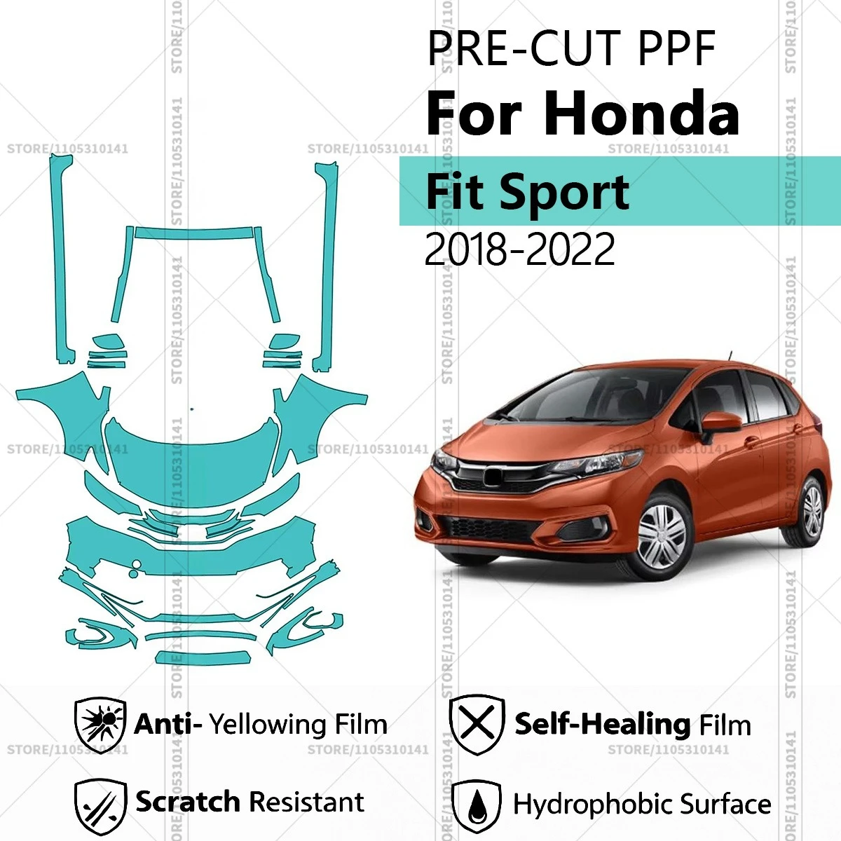 

Для Honda Fit Sport 2018-2022: Предварительно вырезанная прозрачная защитная пленка PPF для автомобиля, комплект для передней части и порогов