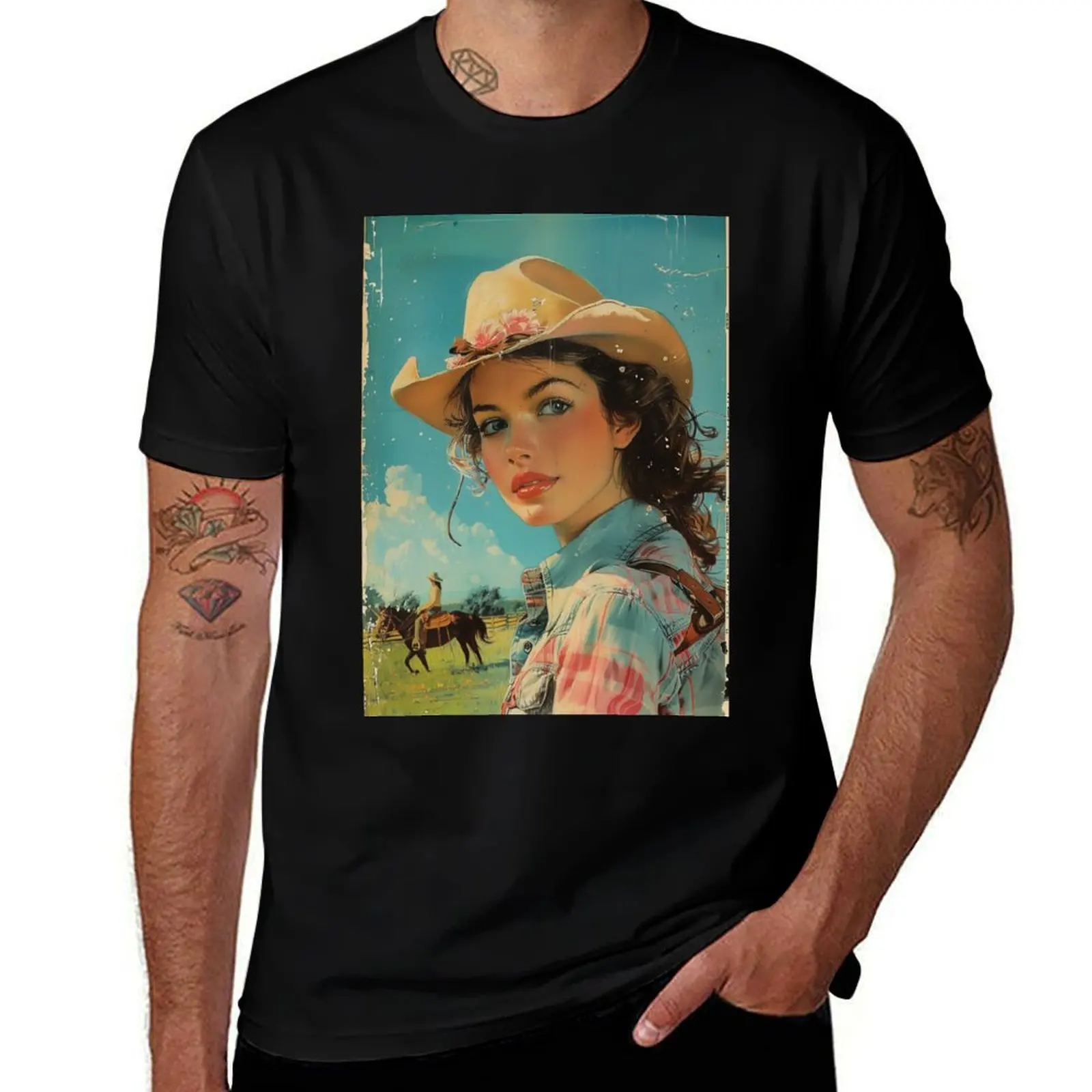 

Cowgirl Vintage Art Mid Century Blue Artwork For Rustic Home living Room Wall Decor Vintage Themed Wall Art For Wall Han T-Shirt