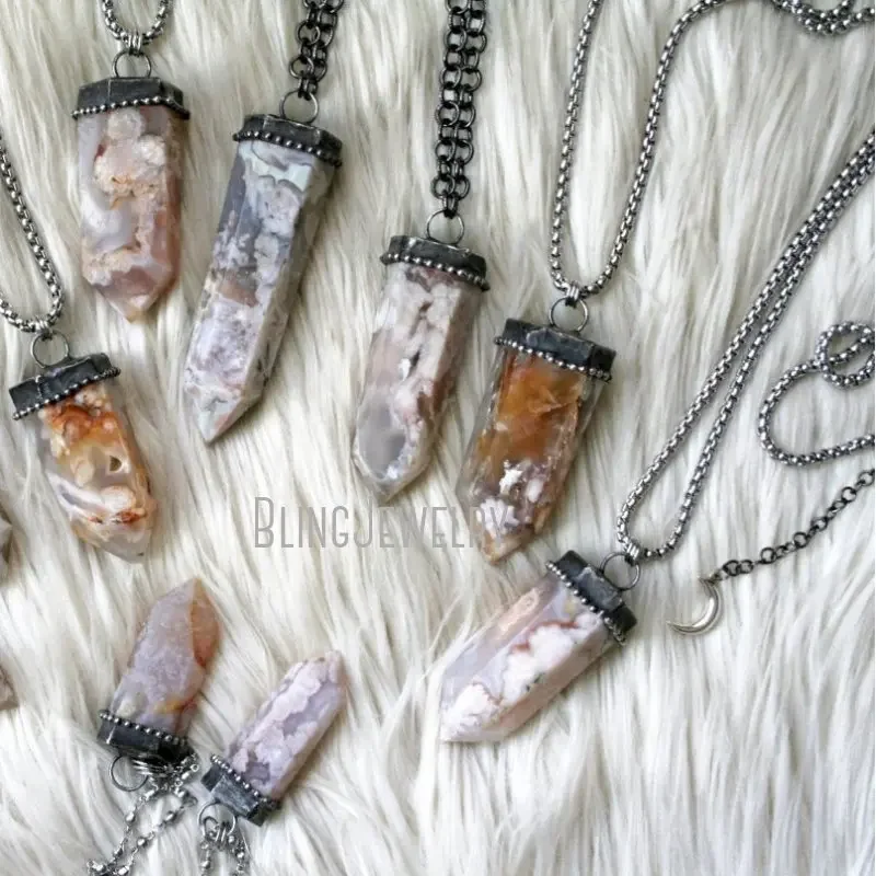 10pcs Flower Agate Crystal Tower Pendulum Necklace Talisman Witch Wicca Goth Jewelry Women Y2K Arcane Collar