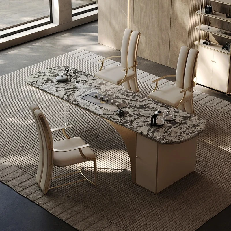 marble tea space high-end villa home kung fu tea table luxury stone tea table and chair combination