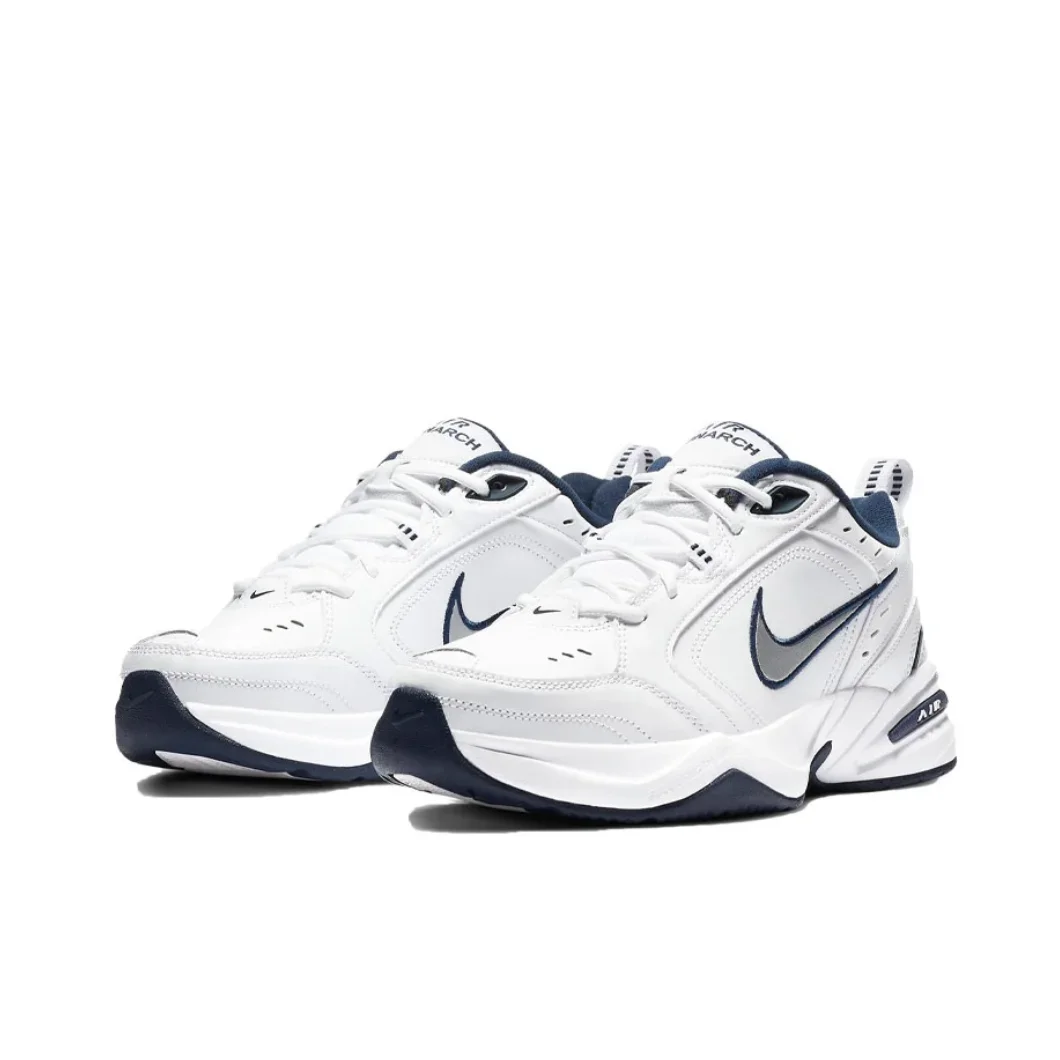 Nike Air Monarch 4 Low Baskets pour hommes et femmes Classique Rétro Chaussures décontractées Amorti Confort Baskets Blanc et Argent