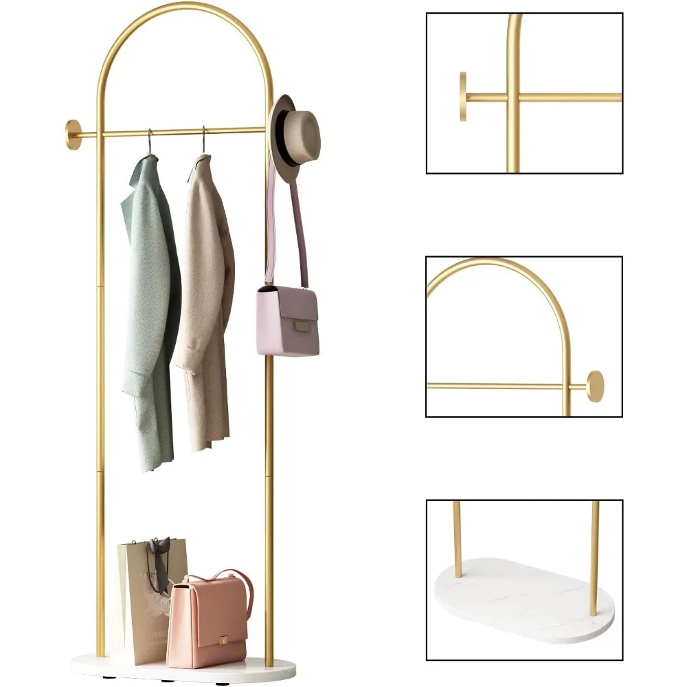 رف ملابس ذهبي قائم بذاته مع أرفف وقاعدة رخامية وحامل مظلة #3