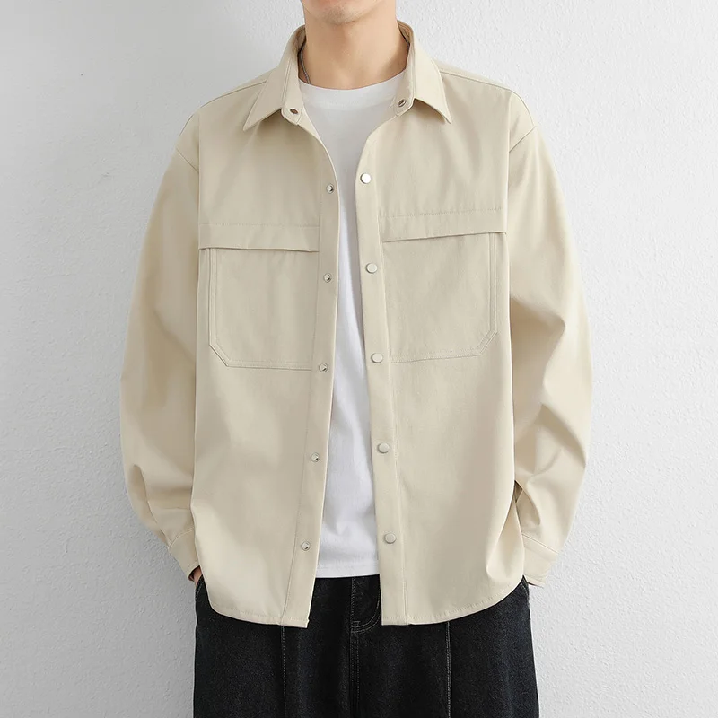 

Korean Causal Long Sleeve Shirts Men Trendy Solid Color Pocket Design Shirt Loose Versatile Lapel Tops Social Party Streetwear
