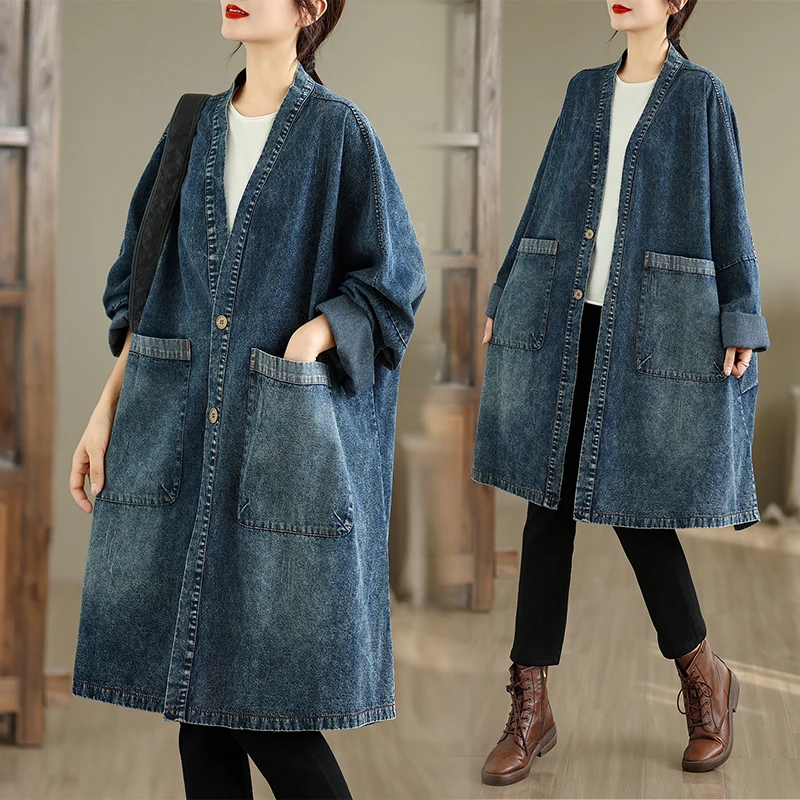 

Retro V-Ne Denim Jaet Women's Loose Oversize Mid-Length Coat Large Size Cotton Polyester Autumn Faion Outerwear