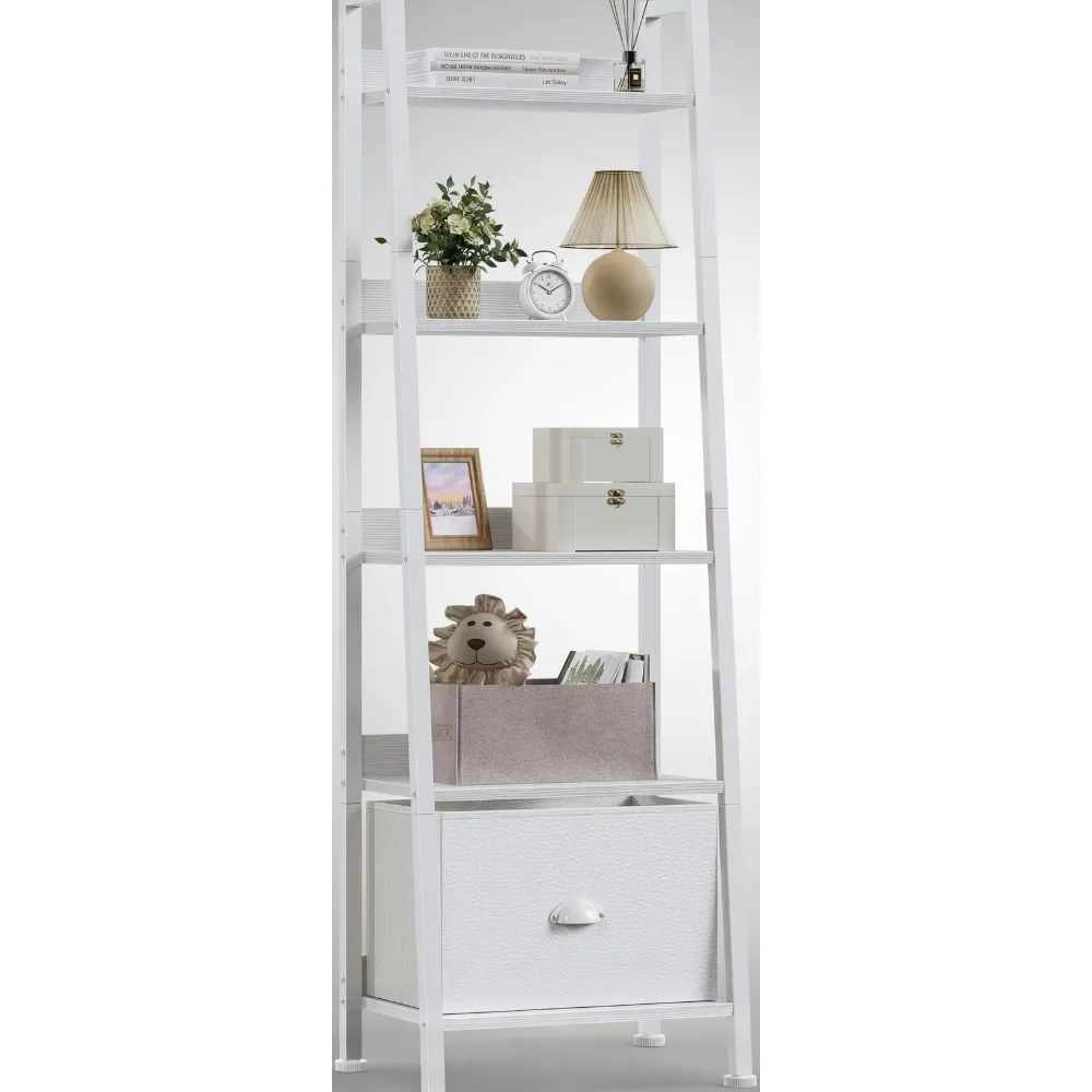 

5-Tier White Ladder Shelf with Removable Drawer, Modern Bookcase Storage Rack Organizer for Living Room Home Office