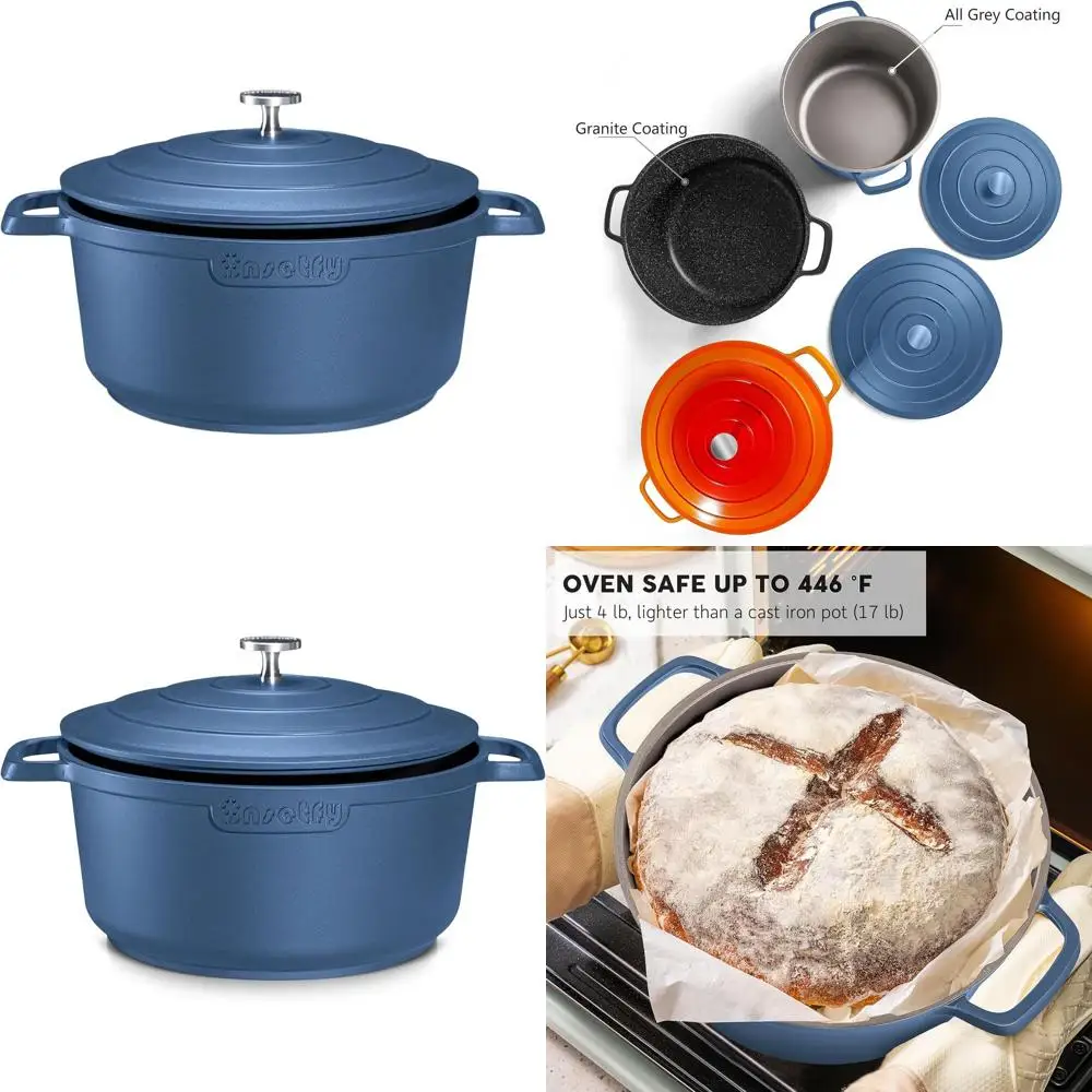 

Чугунная жаровня объемом 7,5 литров с крышкой и двойными ручками для запекания, тушения и жарки (синяя)