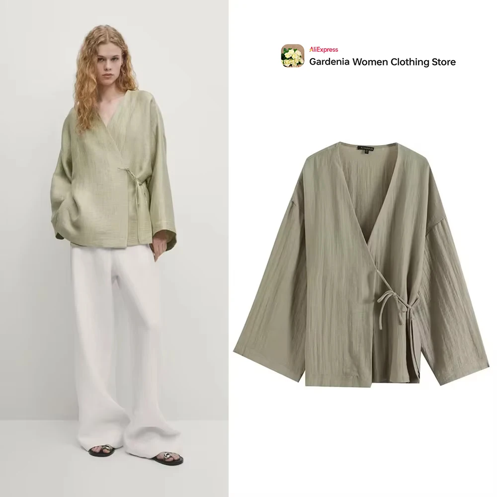 

Casual Olive Shirt & Blouse Chinese Style Wrinkled Long Drop Sleeve Women Shirt Side Vents Stylish Plunging V-neckline Wrap Tops