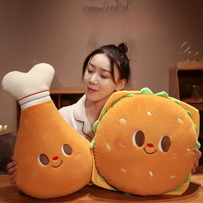 Cartoon Plush Hamburger Toy Smile Face Drumsticks Stuffed Funny Food Toast Pillow Cushion Chair Seat Sofa Decor Kids Girls Gift