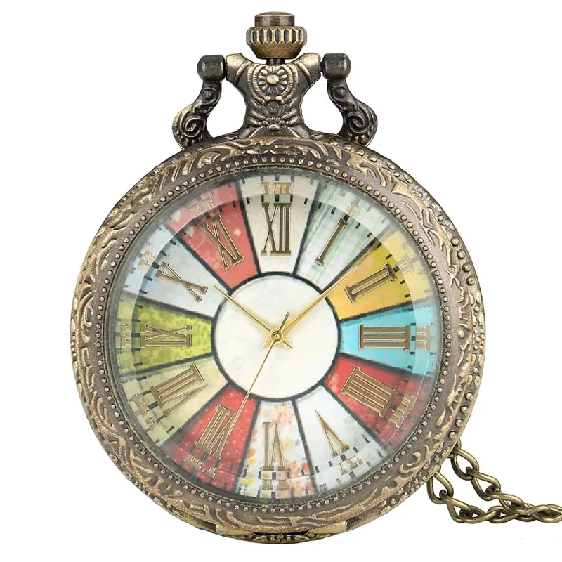 Bronze Colorful Dial Men Women Quartz Pocket Watch Necklace Chain Roman Number Display Transaparent Cover Half Hunter reloj