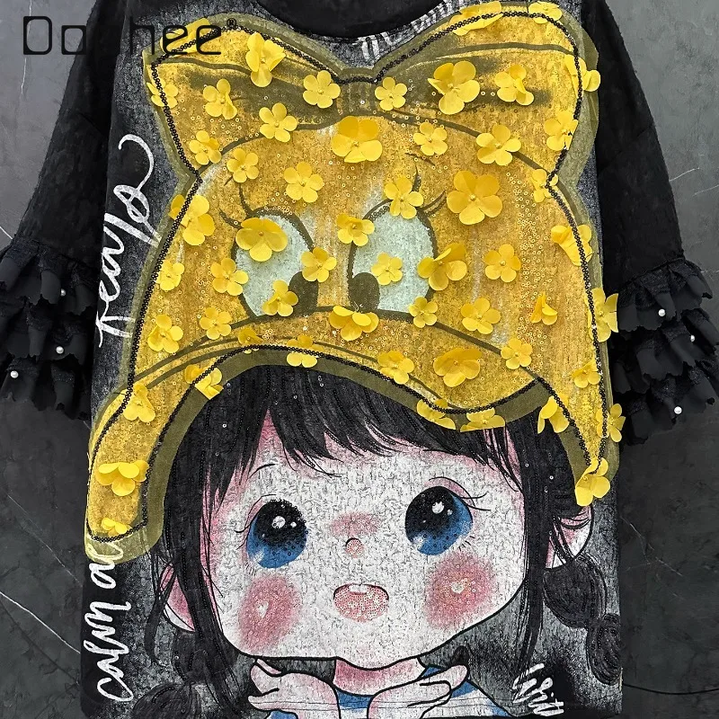 

2025 Summer Tees Heavy Industry Kawaii 3D Decal Decoration Short-sleeved T-shirt Women Loose Casual Sweet Top Pullover Tee