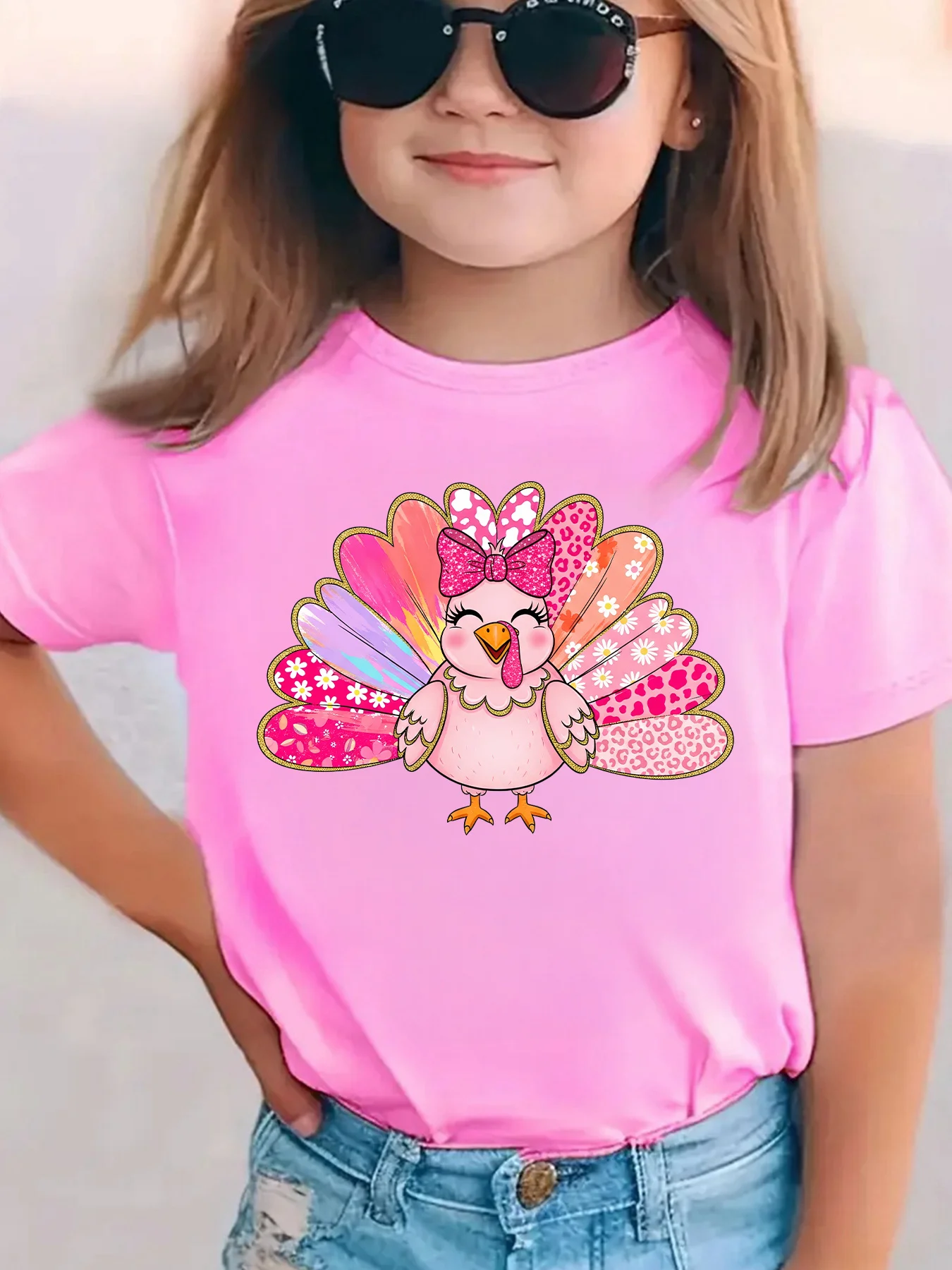 الفتيات قصيرة الأكمام تي شيرت عيد الشكر الوردي تركيا واليقطين طباعة عارضة أعلى الكرتون تركيا الشكر القمصان للفتيات