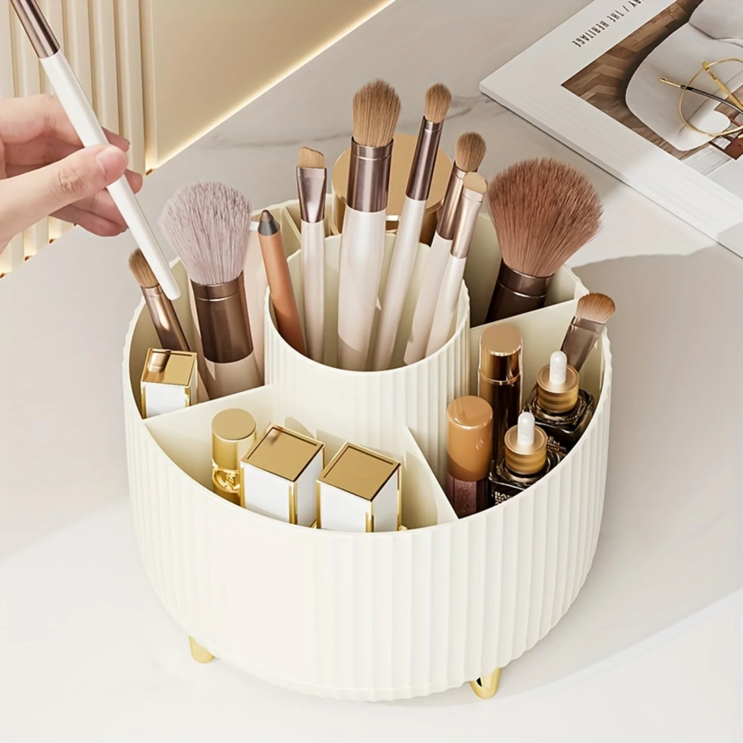 360° Rotating Desktop Organizer - Multi-Functional Makeup & Brush Holder for Vanity, Bathroom, Bedroom - Durable Plastic, Space