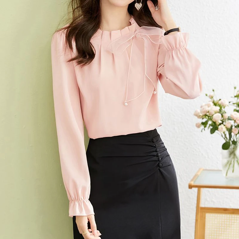 Women Chiffon Shirt Korean Solid Elegant Bow Lace Up Female Blouse Spring New Fashion Flare Long Sleeve Chic Ladies Tops