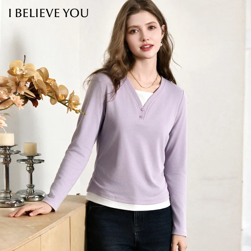 I BELIEVE YOU Women's Long Sleeve T-shirt Lyocell Blend Fake Two Piece 2026 Fall Winter New Daily Layering Inner Tops 2263016579